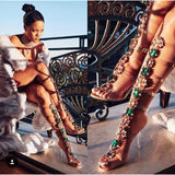 Women Knee High Gladiator Stiletto Heel Strappy Buckle Crystal Rhinestones Sexy Dress Sandals
