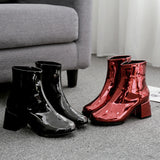 Women Ankle Boots Fashion Patent Leather Round Toe Short Boot Autumn Zip Block Heel Shoes Female Party Shoes Ladies Boots