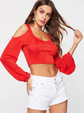 Cold Shoulder Scoop Neck Lantern Sleeve Women's Crop T-Shirt