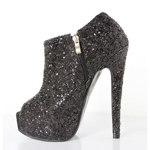 azmodo Shining Black Peep-toe Platform Ankle Boots