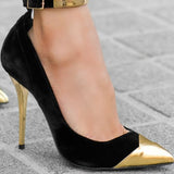azmodo Gold Cap Toe Ankle Wrap Stiletto Heel