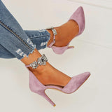 azmodo Purple Pointed Toe Rhinestone Line-Style Buckle Stiletto Heels