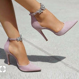 azmodo Purple Pointed Toe Rhinestone Line-Style Buckle Stiletto Heels