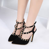 Sexy Hasp Rivet heels Female leather high-heeled pumps Stiletto heel 9 cm Pointed Toe Hollow Ventilation Shoes woman Rivet shoes