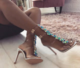PVC Jelly Blue Crystal Sandals Open Toed High Heels Sexy Buckle Strap Women Sandals Pumps Silver size