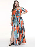 azmodo Plus Size Off Shoulder Prints High Waist Split Maxi Dress