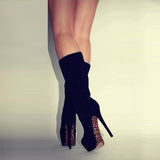 Sexy Black Suede Platform Leopard Grain Sole Knee High Boots