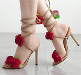 Sandals Red Roses Cross Lace High-Heeled Female Shoes