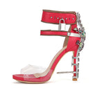 Locking Word Buckle Transparent Rhinestone Heels Metal Sandals Leather Flash Shoes