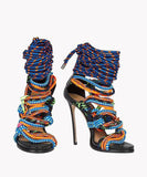 Colorblocked rope strap high heel sandals wild hit color leather women's shoes