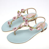 Blue Flower Leaves Rhinestone Flip-Flop Flat Heel 4292