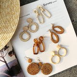 Women Straw Rattan Woven Wooden Earrings Geometric Dangle Ear Stud Jewelry Gift