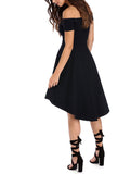 Women Cute Pleated Black Dresses Short Sleeve Front Short Long Back Slash Neck Evening Party Dress