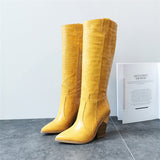 Winter Embossed Knee High Boots Women Strange Style High Heel Western Boots Pointed Toe Tall Shoes Autumn Gold