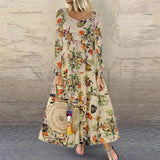 Azmodo Women Vintage Flroal Printed plus size long sleeve Autumn Casual Pacthwork Dress Robe Femme bohemian Sundress Dresses