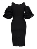 Black Ruffle Sleeve V-Neck Bodycon Dress