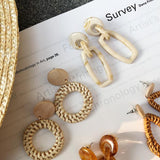 Women Straw Rattan Woven Wooden Earrings Geometric Dangle Ear Stud Jewelry Gift