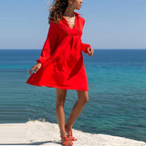 Lapel V Neck Long Lantern Sleeve Plain Casual Dress