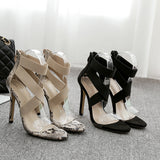 Patchwork Zipper Stiletto Heel Sandals Ankle Strap Cross-tied Sexy Snakeskin Lace-Up Sandals Open Toed High Heels Sexy Women Heel Sandals Party Pumps