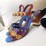 Thick with rivets mixed color sandals high-heeled with the first layer of leather shoes