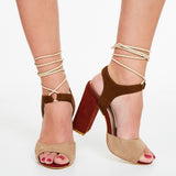 AZMODO Color Block Chunky Heel Sandals Brown Color G87-1