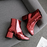 Women Ankle Boots Fashion Patent Leather Round Toe Short Boot Autumn Zip Block Heel Shoes Female Party Shoes Ladies Boots