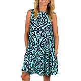 Womens Crew Neck Printed Sleeveless Casual Tunic Tops Summer Swing Tee Shirt Dress with Pockets