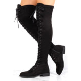 azmodo Black Suede Cross Strap Block Heel Thigh High Boots