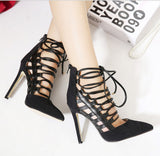 Female High Fashion Ankle Sandals Chunky Block Medium Heel Pointed suede straps Pointed Toe femme Sexy Ladie Shoe Women