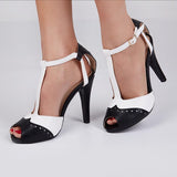 azmodo  Black and White Two Tone Patchwork T Strap Stiletto Heels