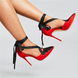 Women Red Lace-Up Pointed Toe Ankle Wrap Stiletto Heels
