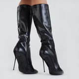 azmodo  Stylish Black Pointed Toe Stiletto Heel Knee High Boots