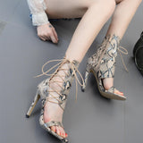 Roman Sandals Women Pumps European New Style snakeskin Booties Ladies Sexy Hollow Cross Lace Up Rivets Stiletto High Heels Shoes Woman