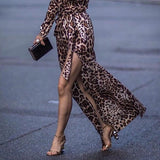 Sexy Leopard Print Side Vented Long Sleeve Maxi Dress