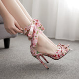 Flower Cross Bandage High Heels Sandals Women Pumps Thin Heel Ruffle Lace-Up Summer Shoes Fashion pompes