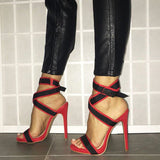 Factory price sexy women's shoes cross strap woven belt stiletto high heels women pumps wedding woman sandals patchwork shoes