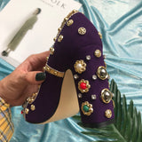Purple suede leather rhinestone shoes round rough with shallow mouth high heels