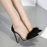 Rabbit Hair  High Heel Shoes Woman Pointed Toe Transparent Real Patent Leather Pumps Women Sexy Fur Shoes Party