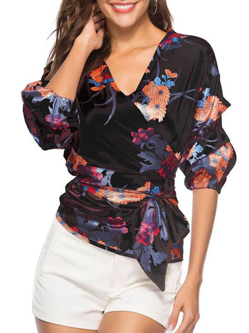 Puff Sleeve Floral Lace Up Women's Blouse