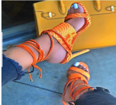AZMODO Orange Embossed Ankle Wrap Heel Sandals