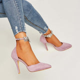 azmodo Purple Pointed Toe Rhinestone Line-Style Buckle Stiletto Heels