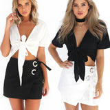 Pure color V-neck navel tying short-sleeved shirt