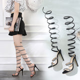 azmodo Crystal Silk Gladiator Sandals Women Snake Knee High Heels Women Sandals Open Toe Sandals Fashion Wedding Party Shoes