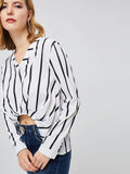 OL Pleated Stripe V-Neck Women's Blouse