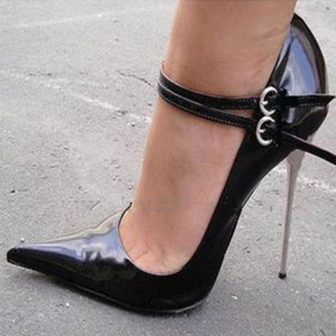 Black Pointed-toe Double Metal Buckles Stiletto Heels