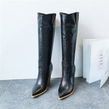 Winter Embossed Knee High Boots Women Strange Style High Heel Western Boots Pointed Toe Tall Shoes Autumn Gold