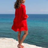 Lapel V Neck Long Lantern Sleeve Plain Casual Dress
