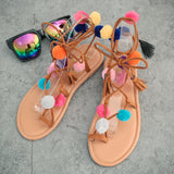 Bohemia  flower colorful hair ball flip flops and female students newest style multi-color flat sandals clip toe  beach lace up fringe colorful pom sweet girls' beach sandals cheap price