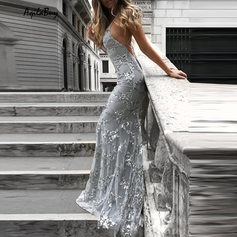 Sexy V-Neck Sleeveless Strap Sequined Evening Dress