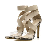 Patchwork Zipper Stiletto Heel Sandals Ankle Strap Cross-tied Sexy Snakeskin Lace-Up Sandals Open Toed High Heels Sexy Women Heel Sandals Party Pumps